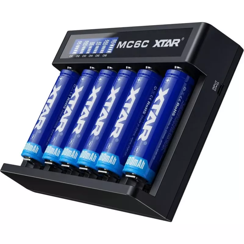 Baterijų įkroviklis XTAR MC6C kelių lizdų išmanusis įkroviklis cilindriniams ličio jonų akumuliatoriams, 6 lizdai, palaiko 18650/21700/AA, 5 V įvestis, juodas