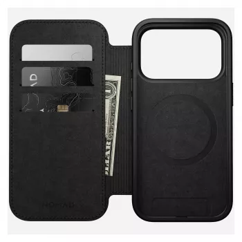 Odinis aplanko tipo telefono dėklas Nomad Modern Leather Folio, skirtas iPhone 17 Pro — rudas, tinka 6,3 colio (16 cm) ekranui, 4 kortelių kišenės