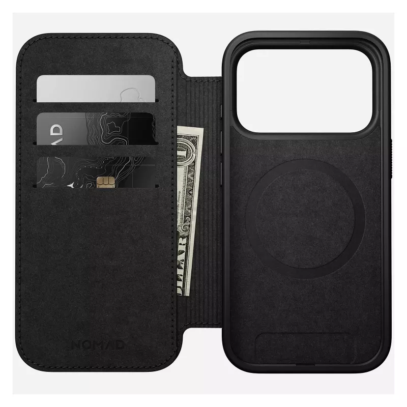 Odinis aplanko tipo telefono dėklas Nomad Modern Leather Folio, skirtas iPhone 17 Pro — rudas, tinka 6,3 colio (16 cm) ekranui, 4 kortelių kišenės