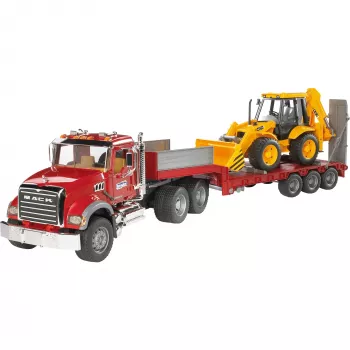 Žaislinis vilkikas su žemakrove priekaba ir JCB 4CX priedu, BRUDER, modelis BR-02813, ABS konstrukcija, įvairiaspalvis