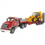 Žaislinis vilkikas su žemakrove priekaba ir JCB 4CX priedu, BRUDER, modelis BR-02813, ABS konstrukcija, įvairiaspalvis