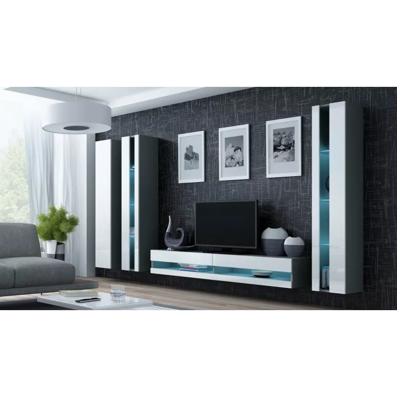 TV staliukas Cama Meble VIGO NEW 30/140/40 — 1400×400×300 mm, pilkas viršus, medžio drožlių plokštė, pilkas rėmas, balti blizgūs fasadai