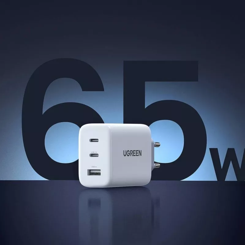 Sieninis įkroviklis UGREEN CD275 2× USB Type-C 65W Baltas — dvigubas USB-C 65W greitas įkrovimas, 100–240V įvestis