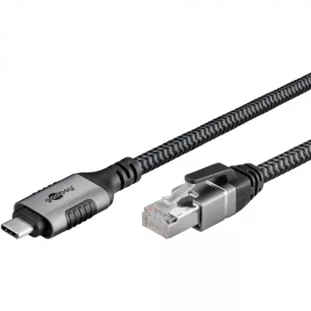 Ethernet-kabelis USB-C 3.2 Gen2 Plug > RJ-45 Plug, LAN-Adapter Juoda/Sidabrinė, 1,5 Meter, braided textile jacket