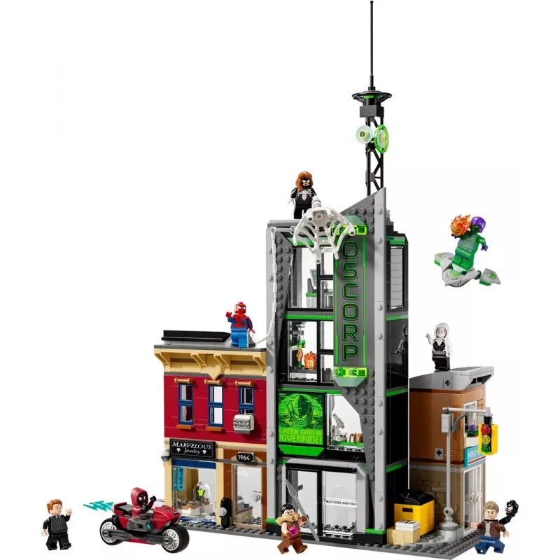 Konstravimo žaislas LEGO Marvel rinkinys 76324 Spider-Man vs. Oscorp, 808 elementai, 8 minifigūrėlės, amžius 10+