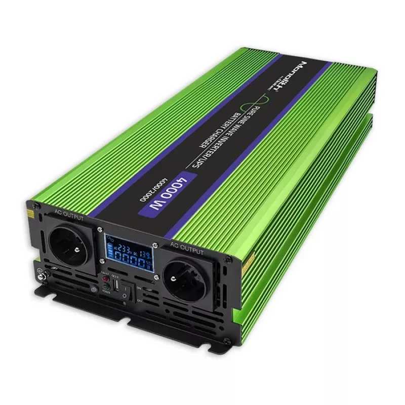 Qoltec Monolith įtampos keitiklis | Baterijos įkrovimas | UPS | 2000W | 4000W | 12V į 230V | Grynas sinusas | LCD juodai žalias