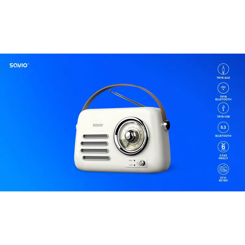 Nešiojamasis radijas SAVIO RS-02 – analoginis FM tiuneris, Bluetooth 5.3, USB maitinimas, 3 W, baltas