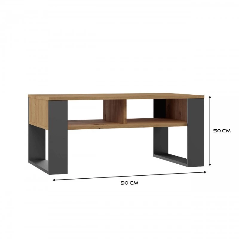 Top e shop Modern kavos staliukas 90×58×50 cm, antracito spalvos rėmas, matinės Artisan ąžuolo lentynos