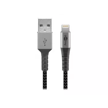 USB-A į Lightning kabelis GOOBAY 2 m, medžiaginis apvalkalas, 3,3 mm skersmuo, tamsiai pilka / sidabrinė
