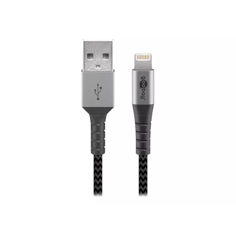 USB-A į Lightning kabelis GOOBAY 2 m, medžiaginis apvalkalas, 3,3 mm skersmuo, tamsiai pilka / sidabrinė