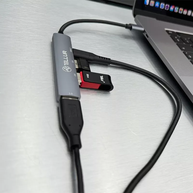 USB-C šakotuvas Tellur TLL321051 — aliuminis, 4 prievadai, pilkas
