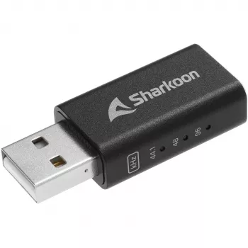 Vidinė USB Type-A į 3,5 mm DAC adapteris Sharkoon DAC Pro S — 2 V išvestis, juoda, kompaktiškas (42×17,3×9,7 mm)