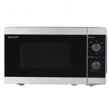 Kombinuota mikrobangų krosnelė Sharp YC-MG01E-S — 20 l, 800 W mikrobangų, 1000 W grilis, 5 galios lygiai, sukamoji valdymo rankenėlė, 25,5 cm sukamoji lėkštė