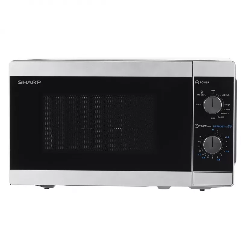 Kombinuota mikrobangų krosnelė Sharp YC-MG01E-S — 20 l, 800 W mikrobangų, 1000 W grilis, 5 galios lygiai, sukamoji valdymo rankenėlė, 25,5 cm sukamoji lėkštė
