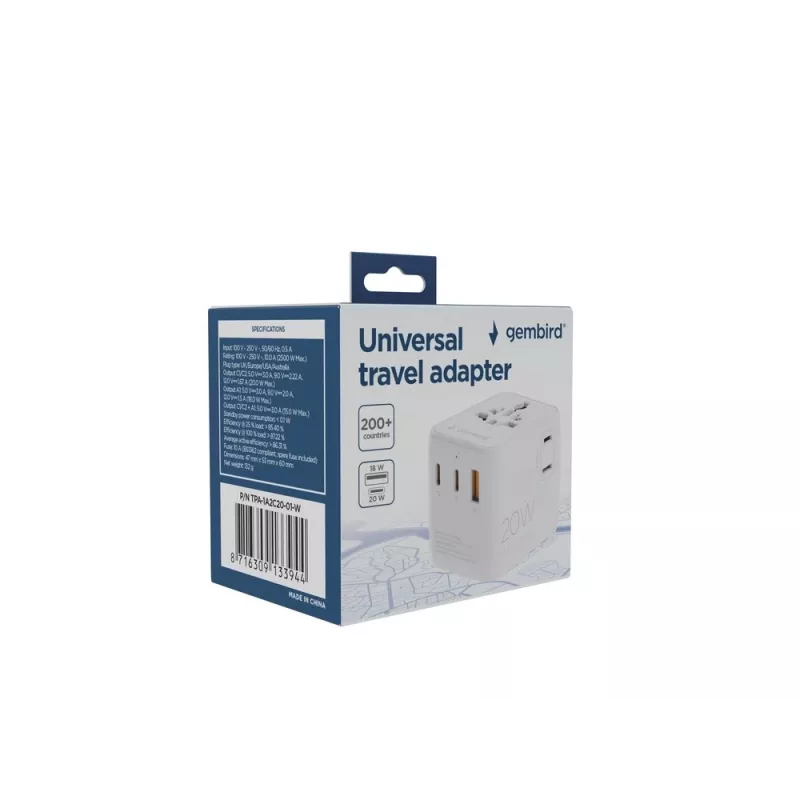 Kelioninis maitinimo adapteris GEMBIRD TPA-1A2C20-01-W — 20 W, USB-A (18 W) + 2× USB-C (20 W), Type E kištukas, baltas