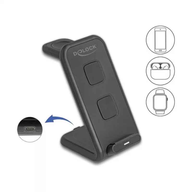 “DELOCK 66941” belaidis 3-in-1 įkroviklis, skirtas išmaniajam telefonui, išmaniajam laikrodžiui ir ausinėms, USB-C, 15 W, vidinis, juodas