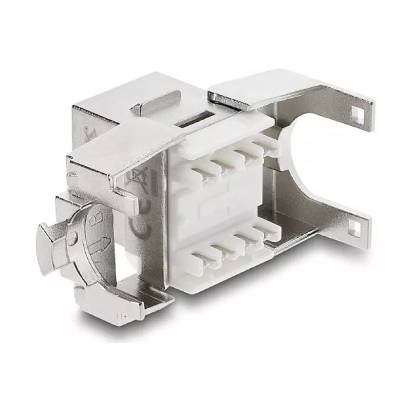 Keystone modulis DELOCK RJ45 į LSA Cat.6A ekranuotas be įrankių, plokščias, sidabrinis/baltas, su dulkių dangteliu