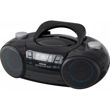 Nešiojamas Bluetooth boombox SENCOR SPT4710B — 20 W bendra galia, Bluetooth 5.3, CD/USB/FM, maitinimas iš baterijų arba elektros tinklo