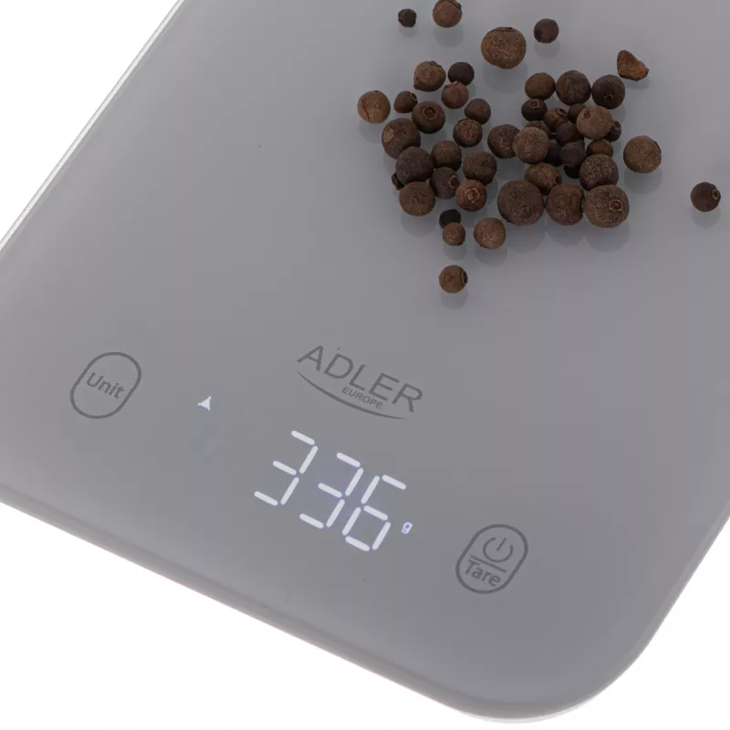 Virtuvinės svarstyklės Adler AD 3181, grūdintas stiklas, 10 kg talpa, 1 g tikslumas, LCD ekranas, pilka