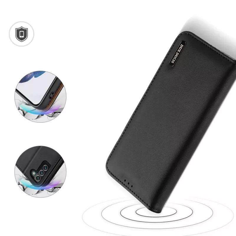 Dux Ducis Dux Ducis Hivo odinis dėklas su atvartu natūralios odos piniginė kortelėms ir dokumentams Samsung Galaxy S22+ (S22 Plus) juoda