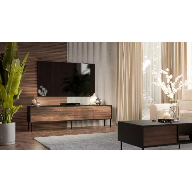 TV spintelė cama meble CORTINA 4D 200x40x55 cm, juodas viršus, riešutmedžio spalvos fasadai