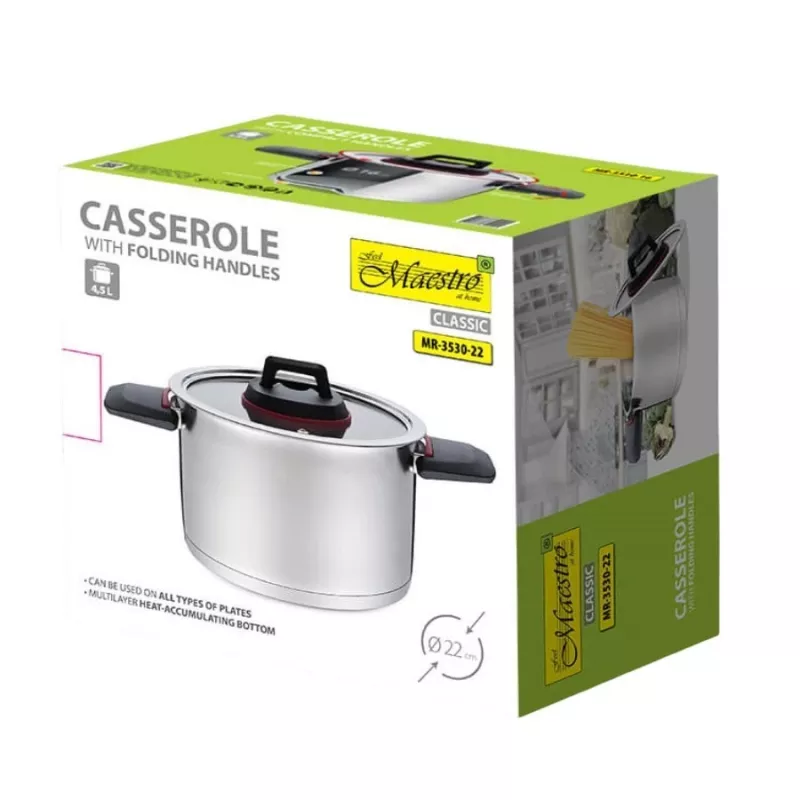 Maestro MR-3530-22 puodas su dangčiu ir sulankstomomis rankenomis, 22 cm, 4,2 l
