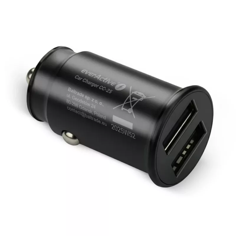 Automobilinis kroviklis everActive CC-25 — 2x USB prievadai, 12W bendra galia, 12V–24V transporto priemonės maitinimas
