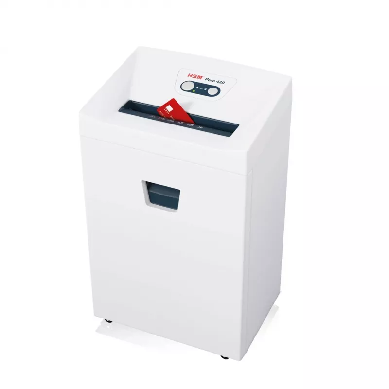 Smulkintuvas HSM Pure 420 – dalelių pjovimas P-4, 24 cm darbinis plotis, 15 lapų talpa, 35 l dėžė, balta