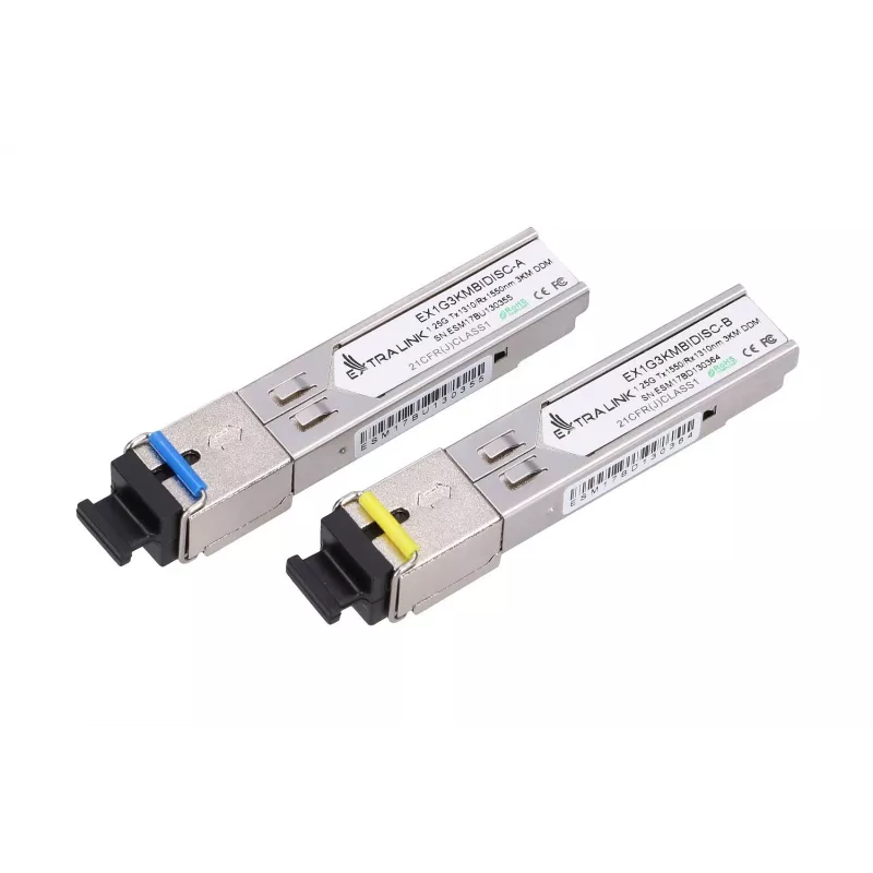 SFP WDM šviesolaidžio siųstuvų-imtuvų pora Extralink 1,25G 1310/1550nm vienmodis 3km SC DOM