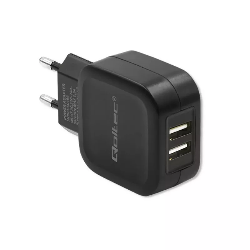 Vidaus kroviklis QOLTEC 50186 išmaniesiems telefonams ir planšetėms, 5 V 3,4 A, 17 W, 2× USB, juodas