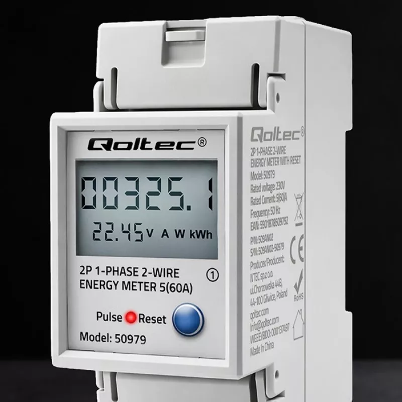 Energijos skaitiklis QOLTEC Vienfazis DIN bėgiui 230V (MPN 50979)