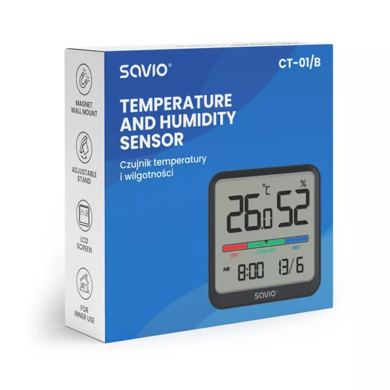 Vidaus temperatūros ir drėgmės jutiklis SAVIO CT-01/B atskirai stovintis, LCD, -10–55°C, 10–99% RH, CR2032