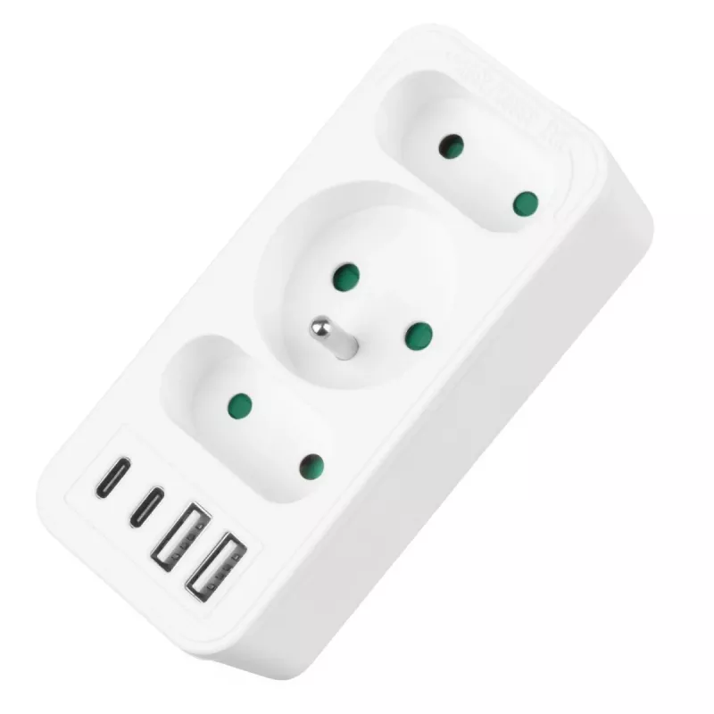 Maitinimo skirstytuvas MACLEAN MCE248 F/W — 3 kintamosios srovės lizdai (1×16A, 2×6A) + 4×USB (2×A, 2×C PD 20W), EU kištukas, baltas