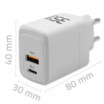 Įkroviklis QOLTEC 51824 GaN 35W USB-C PD & USB QC 3.0, 5–20V, 1x USB-C, 1x USB-A
