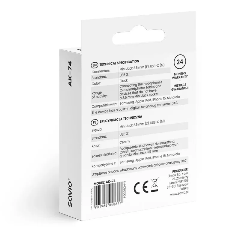 Adapter audio USB-C Jack 3,5mm AK-74
