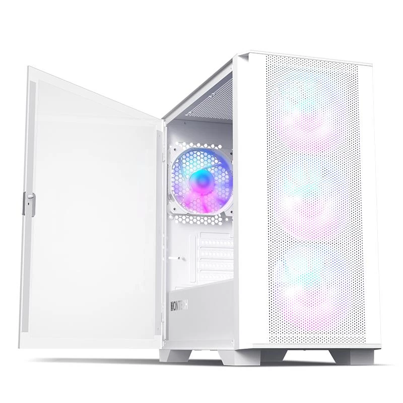 Montech AIR 100 ARGB MICRO-ATX korpusas su keturiais iš anksto sumontuotais ARGB ventiliatoriais, itin minimalistinis dizainas, smulkaus tinklelio priekinis skydelis, didelis oro srautas, unikalus šoninis skydelis
