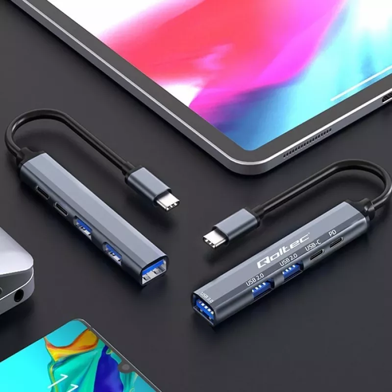 Qoltec 53790 Hub Adapter USB-C 3.1 5in1 | USB-C PD| USB-C | 2x USB 2.0 | USB 3.0