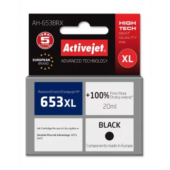 Suderinama ActiveJet AH-653BRX rašalo kasetė, skirta HP 653XL, juoda, 20 ml, didelio (XL) našumo, 720 puslapių