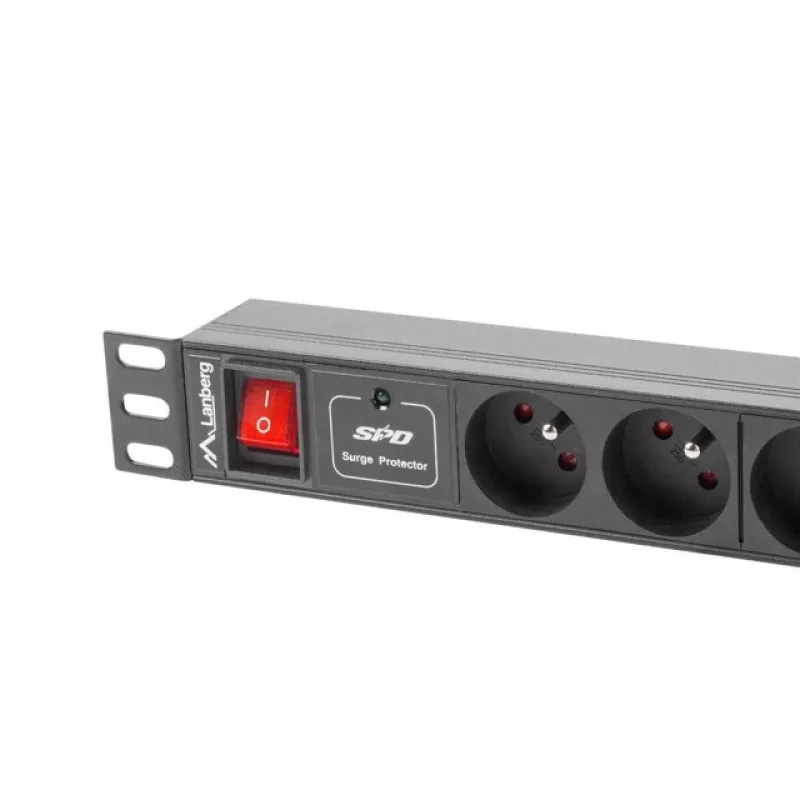 Maitinimo skirstytuvas LANBERG PDU-04E04I-0200-IEC-BK — 1U, 4 Type E lizdai, 2 m laidas, 10 A, 220–250 V
