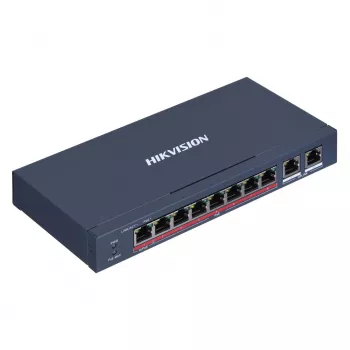 Nevaldomas komutatorius Hikvision DS-3E0310HP-E — 8x 10/100 RJ-45, 2x Gigabit, 8x PoE prievadai (110 W biudžetas), metalinis korpusas, 48 V DC įvestis