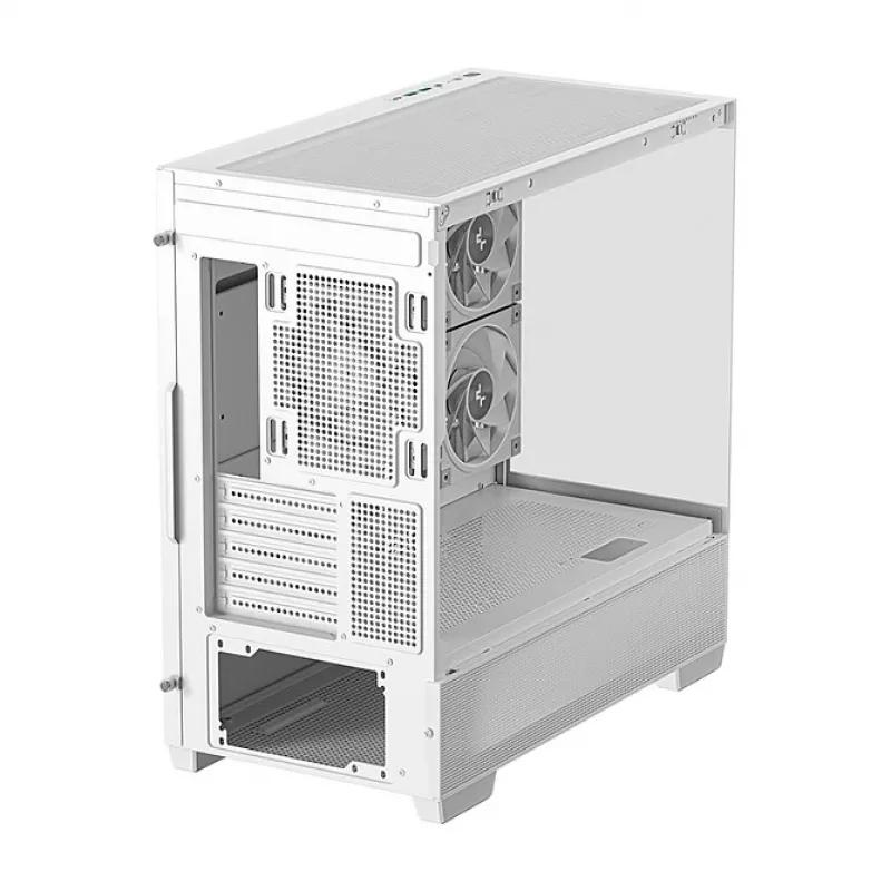 PC Midi Tower korpusas DeepCool CG380 3F WH — Baltas, 235×437×451 mm, palaiko 2,5 colio/3,5 colio, maitinimo blokas apačioje, 3x 120 mm ventiliatoriai sumontuoti