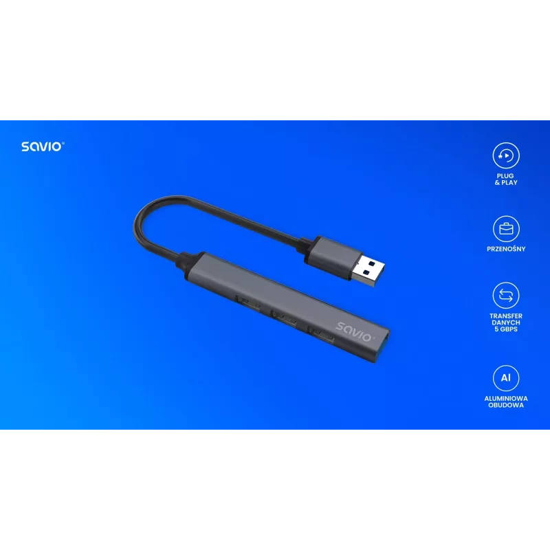 USB šakotuvas SAVIO AK-70, 7 prievadų USB 3.0, 4 naudojami prievadai, USB Type-A pagrindinis, 5 Gbit/s perdavimas, garantija 2 metai