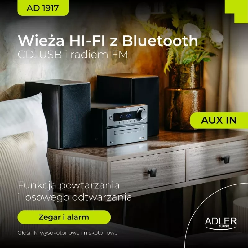 Mini Hi-Fi stereosistema Adler AD 1917 — Bluetooth V5.3, CD/USB/MP3, 2×25W RMS, FM imtuvas, 4 juostų ekvalaizeris, AUX, juoda