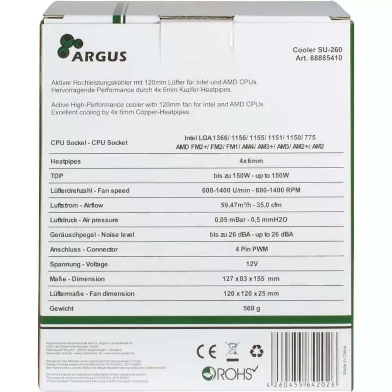 Inter-Tech Argus SU-260 - procesorius - Aušintuvas - 12 cm - LGA 1150 (Socket H3) - LGA 1151 (Socket H4) - LGA 1155 (Socket H2) - LGA 1156 (Socket H) - LGA 775... - AMD A - Intel® Celero