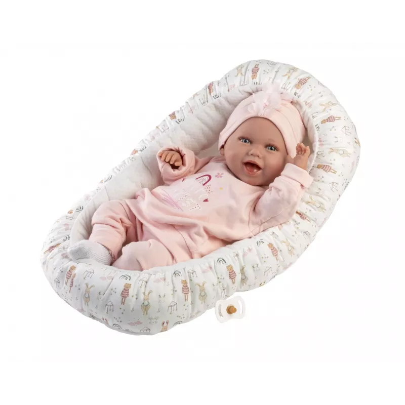 Baby doll Llorens Mimi Baby 42 cm — tikroviškas veidas, juokiasi, minkštas kūnas