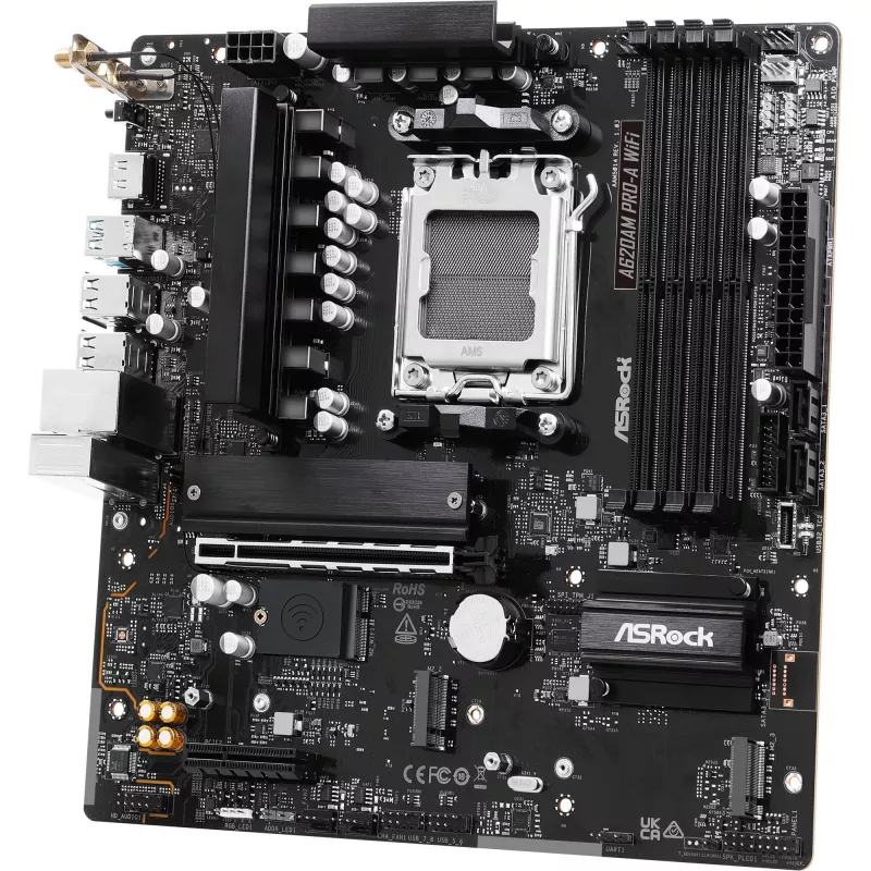 Pagrindinė plokštė ASRock A620AM Pro-A WiFi AM5 mATX — AMD A620, Socket AM5, DDR5 iki 256 GB, Wi‑Fi 6E, 2.5Gb LAN, HDMI 2.1