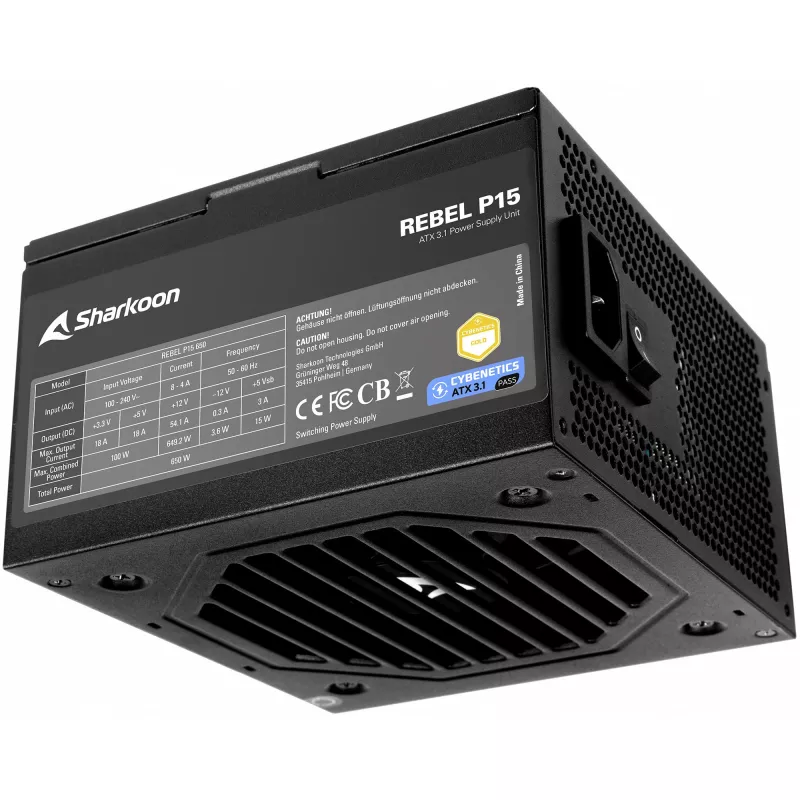Maitinimo blokas Sharkoon Rebel P15 650 — 650W, 1x 12‑pin didelio maitinimo GPU jungtis, 2x PCIe, moduliniai kabeliai