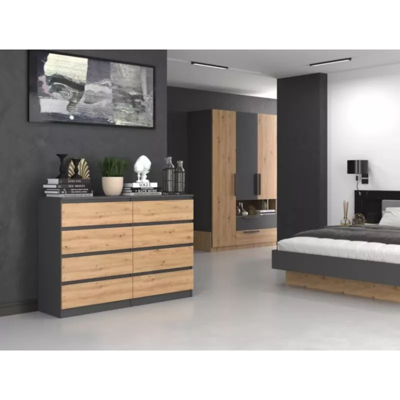 Komoda top e shop M8 140 ANT/ART — 8 stalčiai, antracito/ąžuolo, 1380×400×970 mm, medžio drožlių plokštė