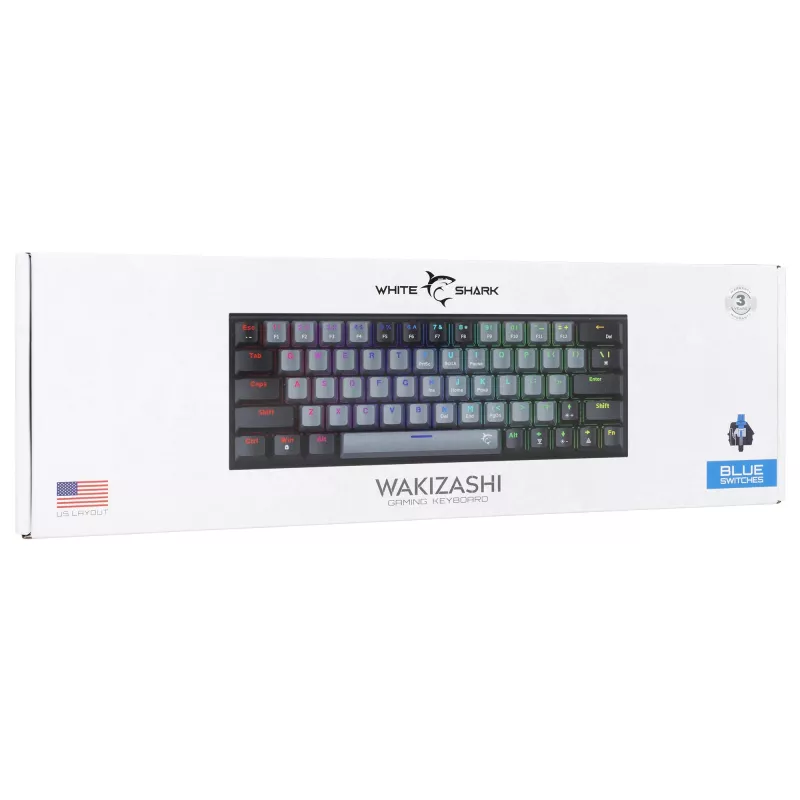Mechaninė žaidimų klaviatūra White Shark Wakizashi GK-002721V2 — pilkai juodas rėmelis, US išdėstymas, mėlyni jungikliai