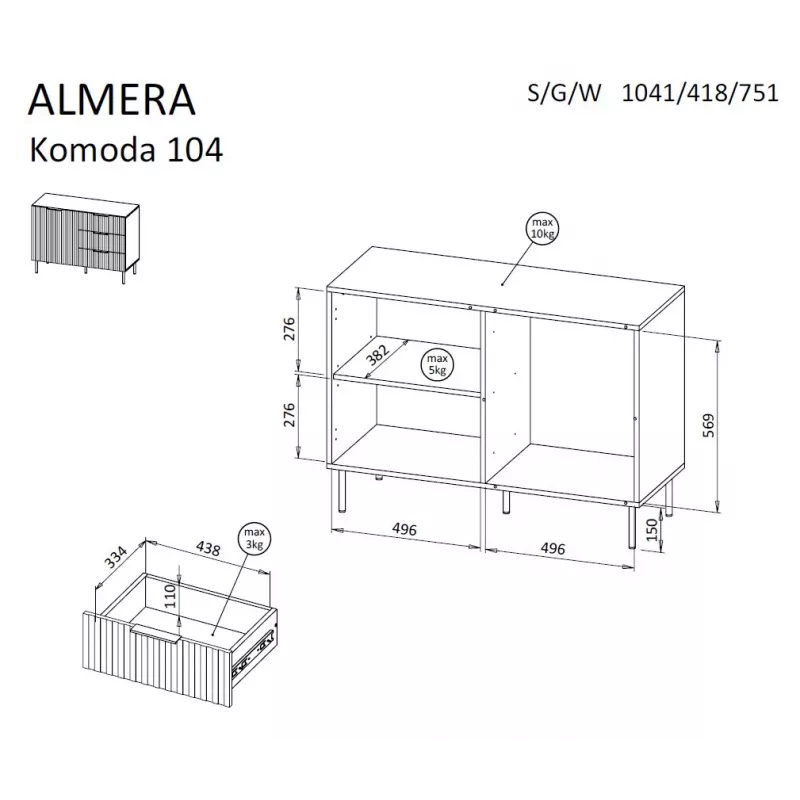 Komoda cama meble ALMERA 104x42x75 cm, riešutmedžio/kašmyro spalvos, 3 stalčiai, medžio drožlių plokštė